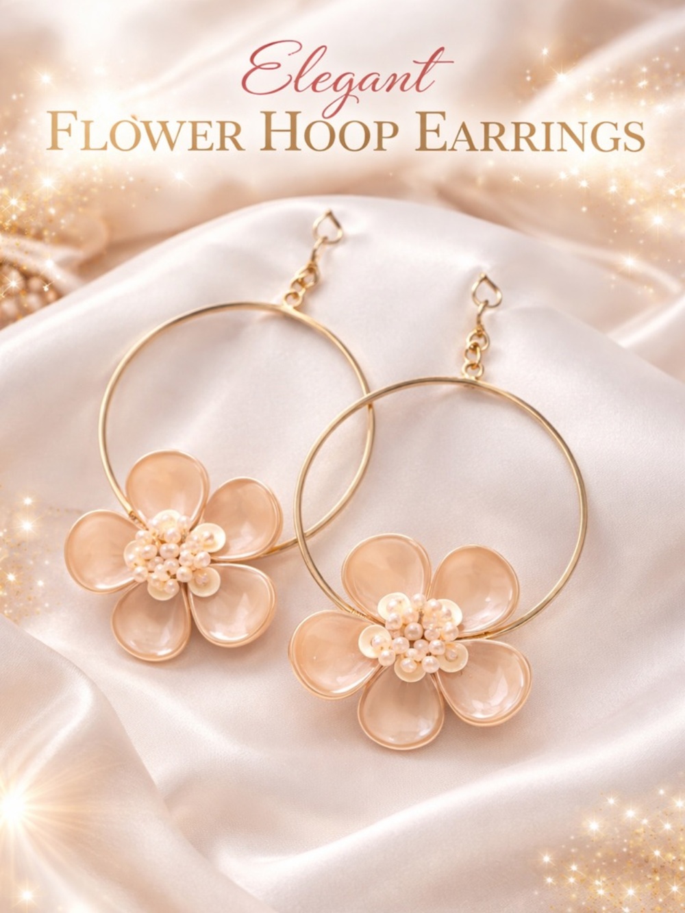 Gold Hoop Earrings with Blush Flower and Pearl Center
